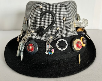 Junk Drawer with “My Mother’s Buttons” Fedora Size 7-1/4, with Upcycled Buttons and Hardware.