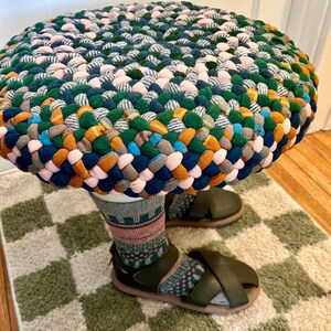 FOOT Footstool/tuffet, 16” Round, 15” Tall, Hand-braided of Upcycled ...