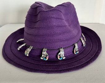 Cat Charm-Decorated Purple 100% Wool Western Style/Wide Brim Fedora with Upcycled Enamel Cat Charm Trim, Size 7-1/4