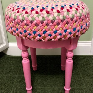 Candy Pink Tuffet, 18” round x 21” tall, Upcycled Materials.