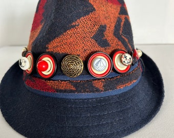 My Mother’s Buttons Collection:  Aztec Style 100% Poly Fedora, Size 7-1/8, Navy/Red/Orange