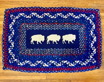 Buffalo Hand-Braided Rug, Bills Colors, 45”x30” of Upcycled Wool Clothing