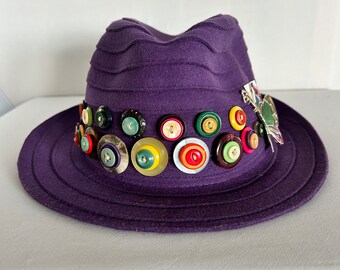 Purple 100% Spiraled Wool Western Style/Wide Brim Fedora with Upcycled Buttons Trim and Enamel Butterfly, Size 7-1/4