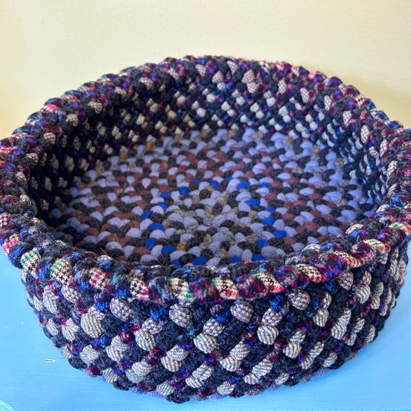Bluesy Shades of Blue Pet Bed,  Hand Braided of Recycled Wool Clothing, 15” base x 5” tall.