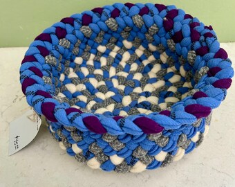 Blue/White/Purple Hand-Braided Basket, 8”x3.5”