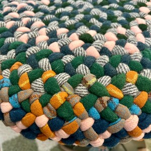 FOOT Footstool/tuffet, 16” Round, 15” Tall, Hand-braided of Upcycled ...