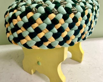 Yellow/Green Oval Hand-braided Footrest, 14” x11”x12”, of Recycled Wool Clothing