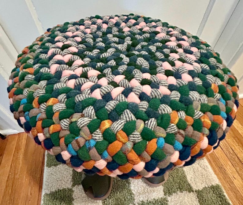 FOOT Footstool/tuffet, 16” Round, 15” Tall, Hand-braided of Upcycled ...