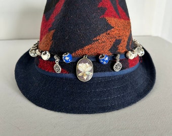 Aztec Pattern Fedora with Upcycled Beaded Trim, Size 7-1/8