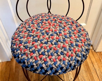 Salmon/Blue/Peach Vanity Seat, 15” Round x 20” Seat Height, Hand-Braided of All Recycled Wool Clothing