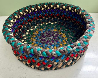 Hit or Miss Colorful Round Pet Bed, Hand Braided of Recycled Wool Clothing, 15” base x 5” tall.