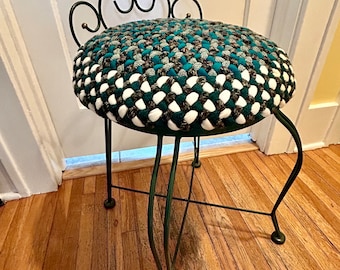 Teal Greens/white Vanity Seat, 16” Round x 20” Seat Height, Hand-Braided of Upcycled Wool Clothing