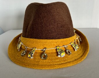 Cat Charm-Decorated Mustard and Brown Fedora with Upcycled Beaded Trim, Size 7-1/8