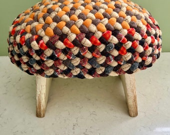 Orange Sunset Upcycled Hand-braided Footrest, 13”x10”x10”