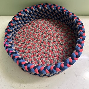 Salmon/Shades of Blue/Peach Pet Bed,  Hand Braided of Recycled Wool Clothing, 14.5” base x 4.5” tall.