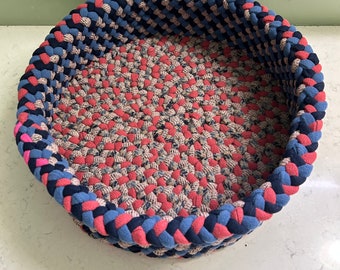 Salmon/Shades of Blue/Peach Pet Bed,  Hand Braided of Recycled Wool Clothing, 14.5” base x 4.5” tall.