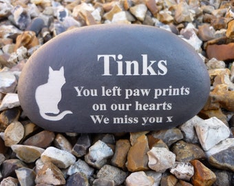 Cat Memorial - Medium Pebble (Stone Effect) - Weatherproof - Personalized - Cat Designs