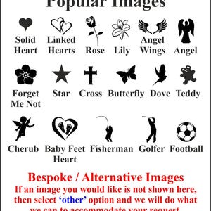 May include: A chart of popular images for memorial products, including hearts, flowers, religious symbols, animals, and sports-related icons. The text reads "Popular Images" and "Bespoke / Alternative Images".