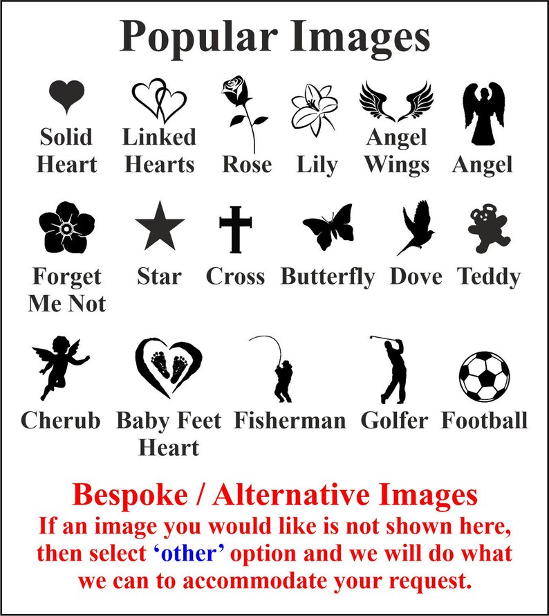 May include: A chart of popular images for memorial products, including hearts, flowers, religious symbols, animals, and sports-related icons. The text reads "Popular Images" and "Bespoke / Alternative Images".