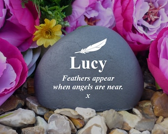 Memorial Pebble - Personalized - Weatherproof - Feather Design - Freestanding