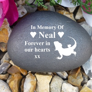 Puede incluir: Una piedra gris con el texto "In Memory Of Neal Forever in our hearts XX" y una silueta blanca de un dragón barbudo.