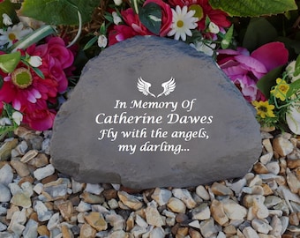 Large Rock Memorial (Stone Effect) - Weatherproof - Personalized - Angel Wings