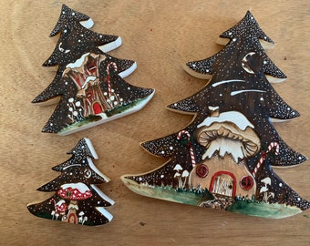 Winter/Christmas Tree with mushroom fairy/faerie house shelf decoration