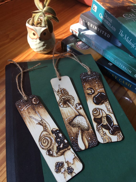 Snails on Mushrooms Cottagecore Wood Burned Bookmarks | Etsy