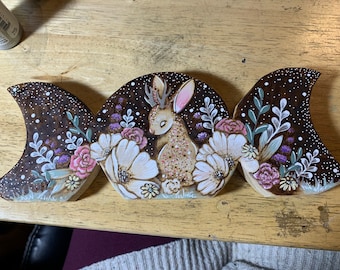 Cottagecore triple goddess moon Jackalope rabbit bunny shelf decor