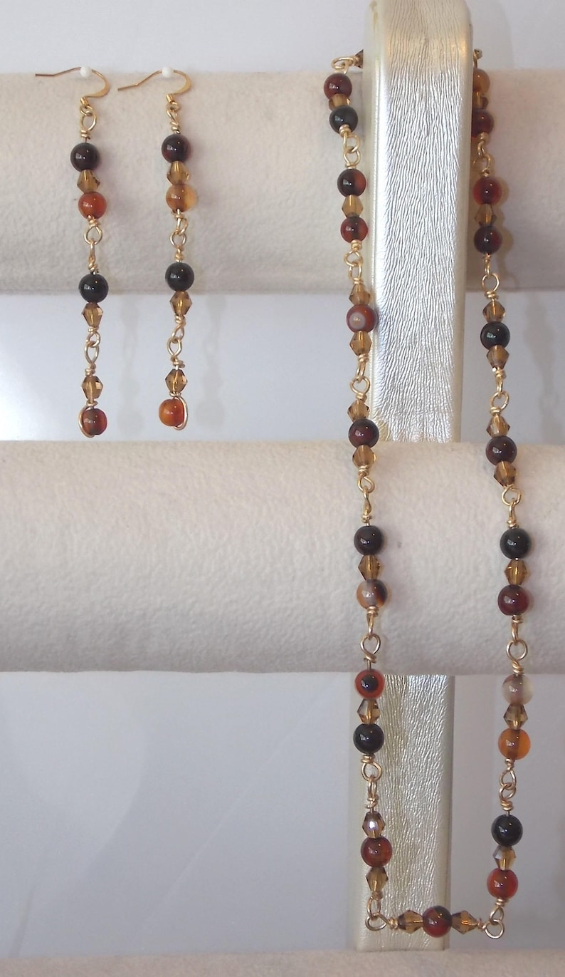 12Kt Gold-filled Necklace and Earring Set Striped Red Agate Gold Celestial Crystal Faceted Bicone Beads