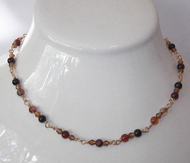 12Kt Gold-filled Necklace and Earring Set Striped Red Agate Gold Celestial Crystal Faceted Bicone Beads