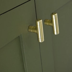 May include: Two gold-toned cabinet pulls with a T-shaped design are mounted on a dark green cabinet door.