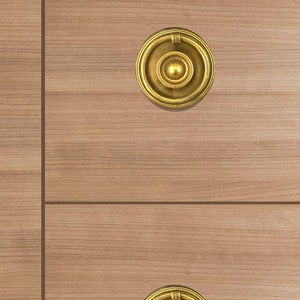 May include: Close-up of a light brown wooden cabinet door with two brass ring pulls. The ring pulls are circular with a detailed design and a brass finish. The wood grain is visible.