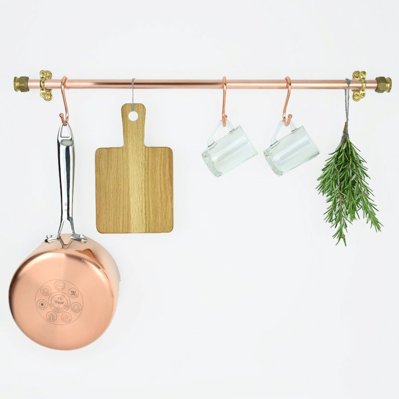 Copper rails and copper racks, copper pots and pans