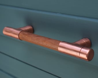 Copper and Wood  T Pull Handle - Iroko