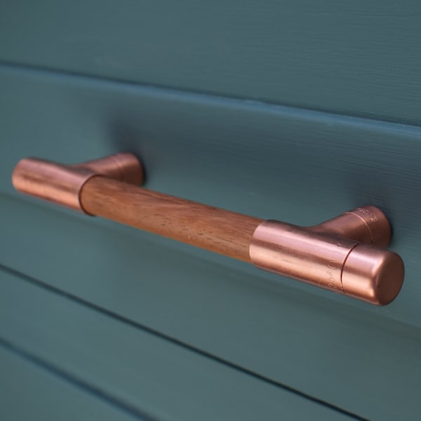 Copper and Wood  T Pull Handle - Iroko