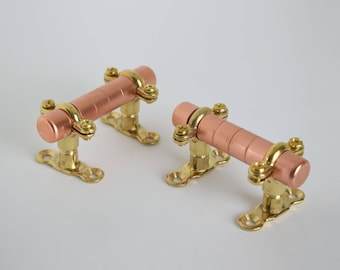 Copper Bar Pull with Ridging Detail and Brass Brackets, Cabinet Hardware, Drawer Pull, Pulls, Kitchen Handles, Kitchen Cabinets