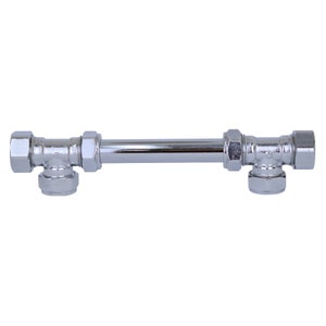 May include: A chrome plated plumbing pipe with two fittings on each end. The pipe is about 12 inches long.