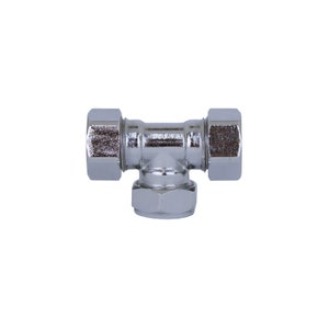 May include: A chrome-plated T-shaped plumbing fitting with three threaded ends.