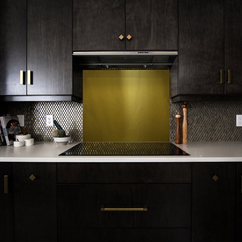 Brass Splashback - Custom Splashback - Kitchen Splashback - Bespoke Brass Splashback - Brass Kitchen - Brass Backsplash in black kitchen - Cut to size Splashback - Aged Brass splashback - Natural Brass Splash back - Brass Kitchen SplashBack