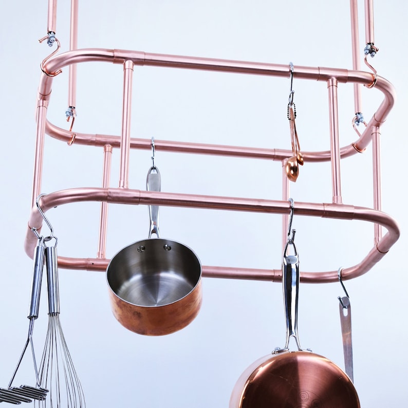Rack de olla y sartén de cobre curvo montado en el techo Dos niveles / Barra de cobre-Almacenamiento de olla de cobre-Percha de cobre-Estante de cobre colgante imagen 4