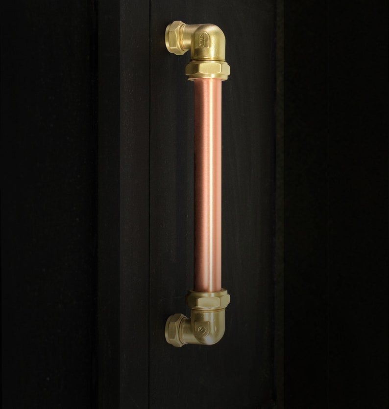 Brass and Copper U barn Pull On a black Door - Copper and brass U barn Handle on black door - U barn Pull - Industrial Sliding door pull - Copper Sliding door Pull - Vintage door Pull - Copper handle with brass Bolt ends on a black wooden door
