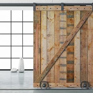 May include: A rustic wooden sliding barn door with a copper handle and black metal hardware. The door is on a track with wheels and has a diagonal wood panel.