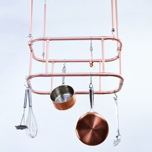 Ceiling Mounted Curved Copper Pot and Pan Rack Two Tier / Copper pan rail-copper pot storage-copper pan hanger-hanging copper pan rack zdjęcie 1