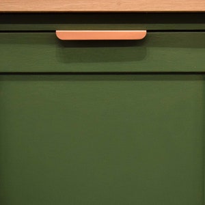 May include: A green cabinet door with a copper-colored handle.