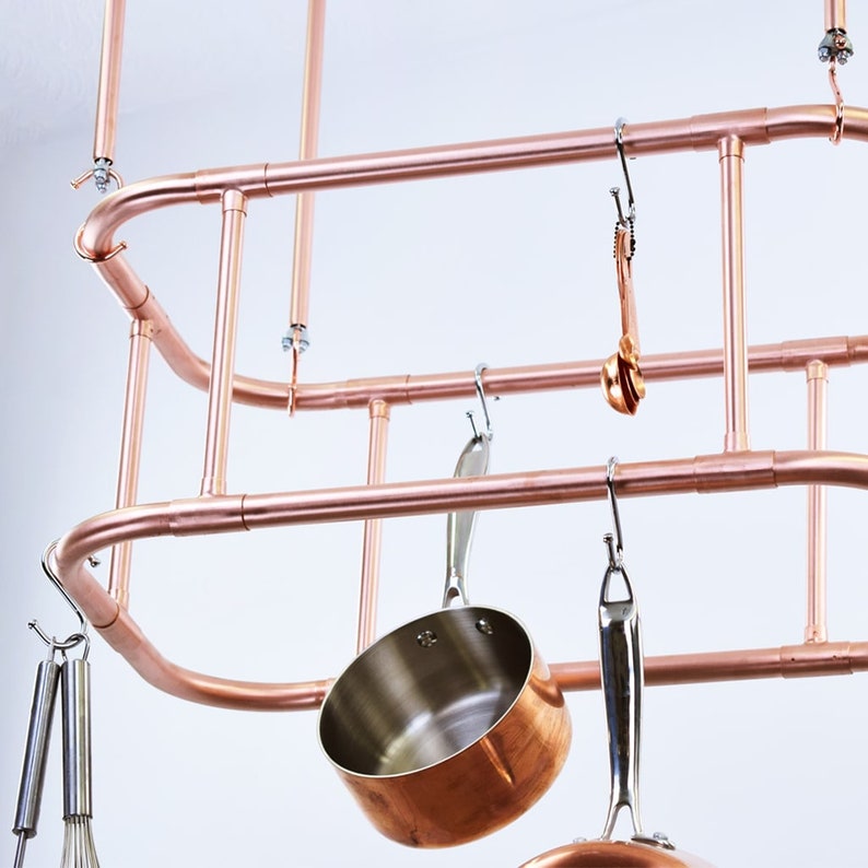 Ceiling Mounted Curved Copper Pot and Pan Rack Two Tier / Copper pan rail-copper pot storage-copper pan hanger-hanging copper pan rack zdjęcie 3