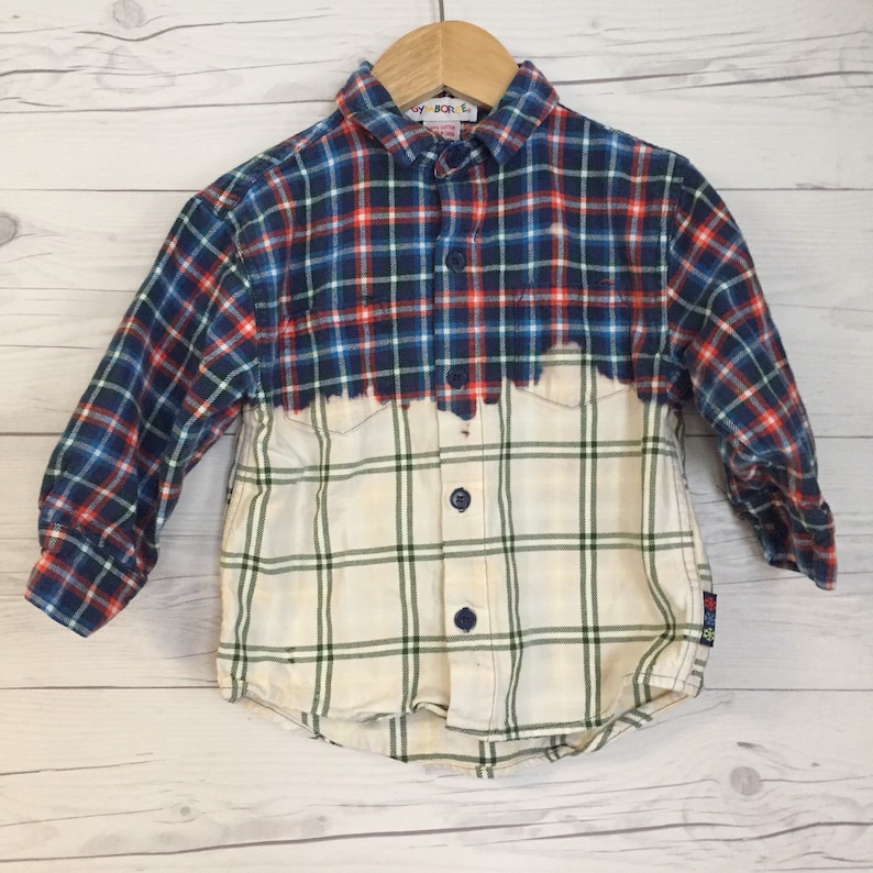 Upcycled Medium Shirt Plaid Flannel Dip Dyed Long Sleeve Button up Distressed Shirt Hipster Hippie Boho Toddler Kids Boys