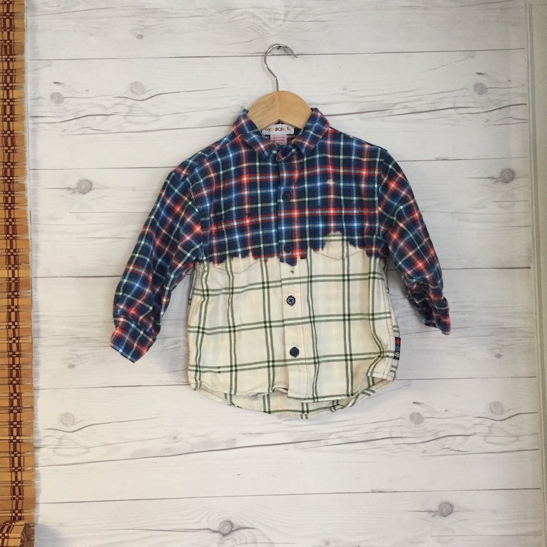 Upcycled Medium Shirt Plaid Flannel Dip Dyed Long Sleeve Button up Distressed Shirt Hipster Hippie Boho Toddler Kids Boys