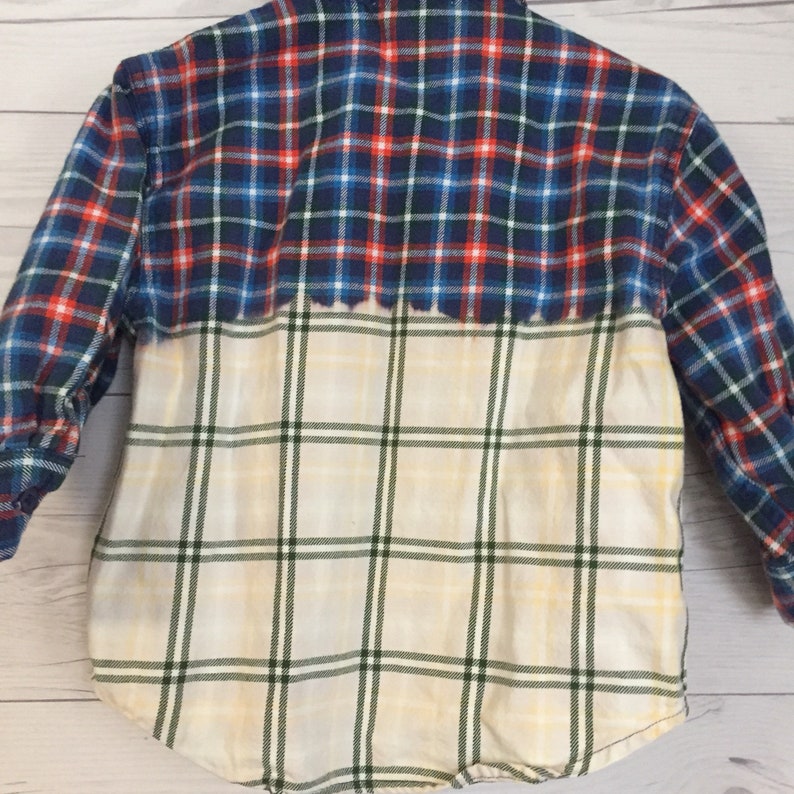Upcycled Medium Shirt Plaid Flannel Dip Dyed Long Sleeve Button up Distressed Shirt Hipster Hippie Boho Toddler Kids Boys