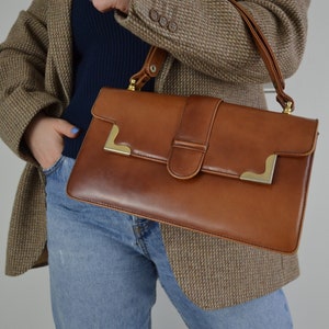 Vintage Leather Top Handle Bag Brown Gold Hardware Suede Lining